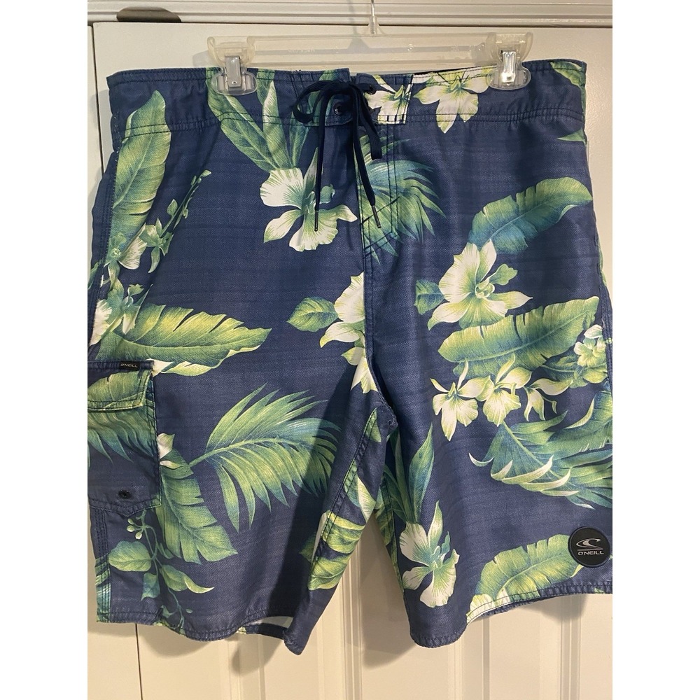 Oneill Swimsuit Men's Sz 36 Navy Blue Floral Hibiscus Pattern With Pockets Used